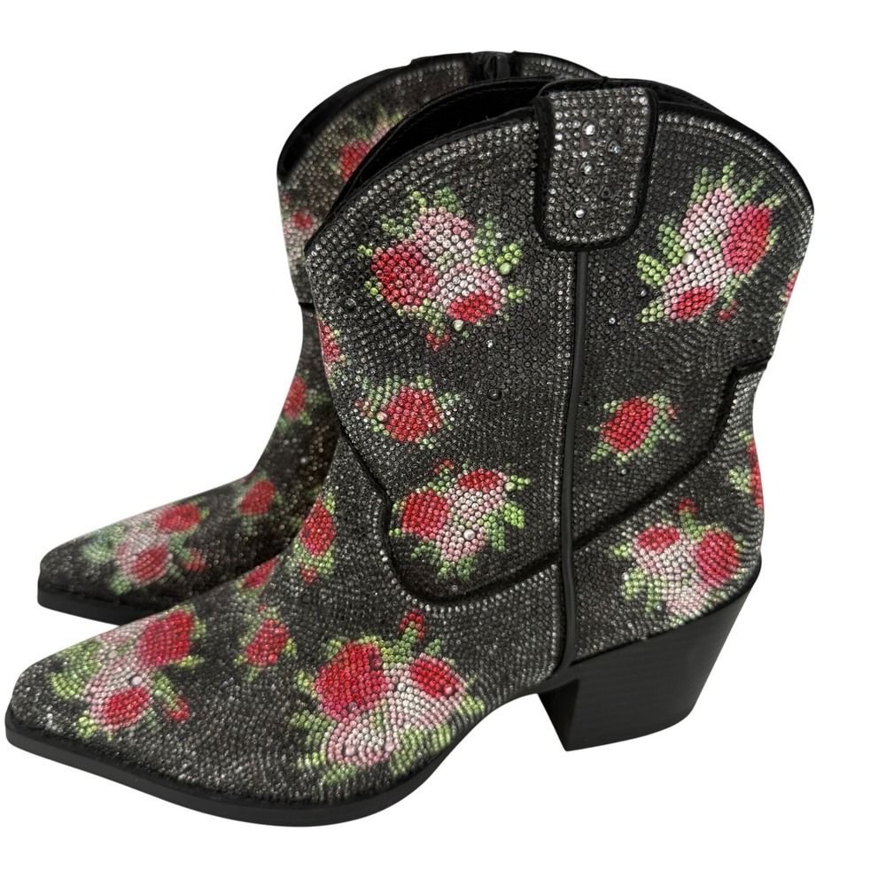 Wild Pair Rhinestone Rose Cowboy Boots Western Glam Rodeo Romance 7M‎ Like new
